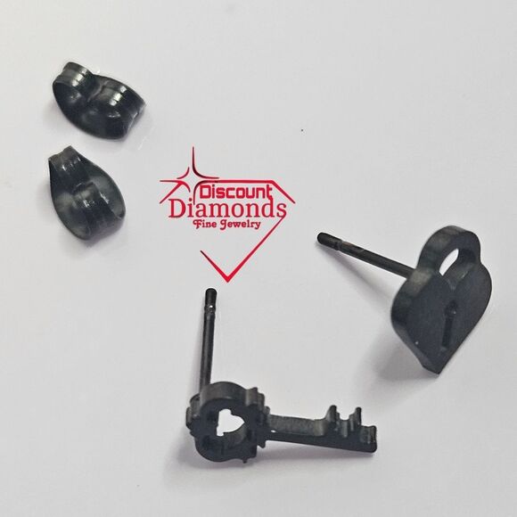 Black Titanium Lock and Key Stud Pushback Earrings. - Picture 3 of 14